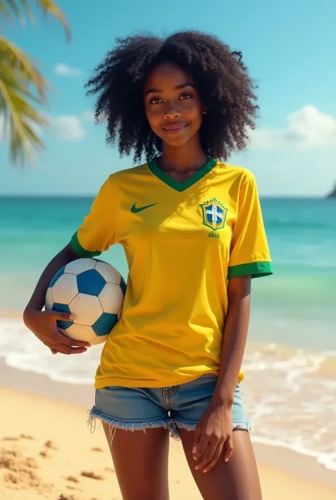 Make a character with curly hair, black hair color, brown eyes, dark skin tone, a Brazil shirt and denim shorts, make a ball in the character&#39;s hand.. 4k style with a beach background