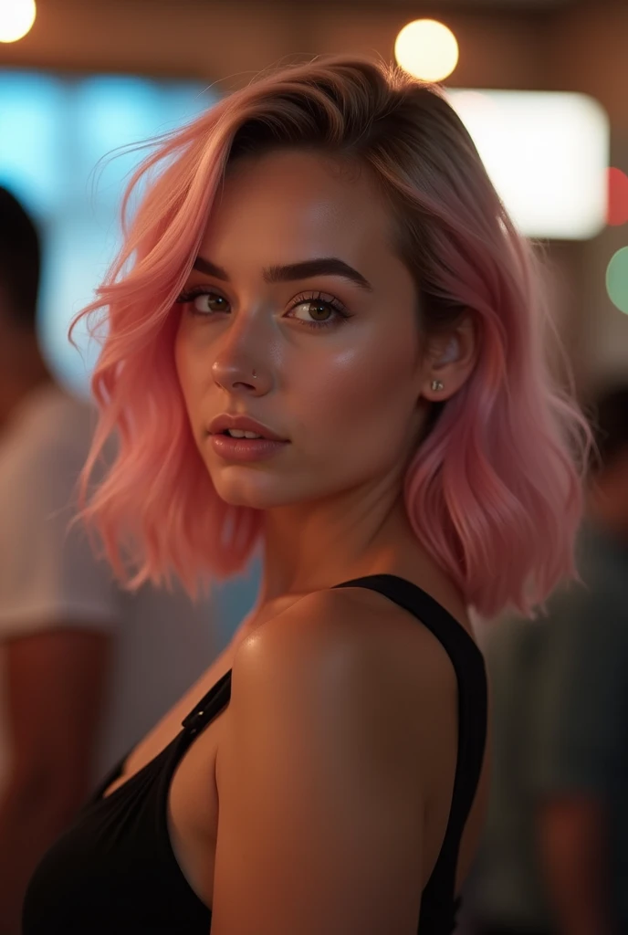 A young woman with shoulder-length, wavy pink hair poses with her head turned over her shoulder. She has a natural makeup look, featuring subtle highlights and defined brows. She wears a sleeveless black top and appears in a softly lit indoor setting, with...