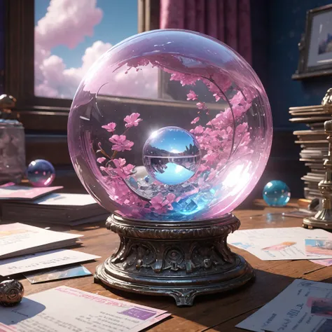 Best Quality, masterpiece, 4k, wallpaper, Unreal Engine, 3D styles, Octane Rendering, Concept Art, highly detailed CG, featured in artstation，a crystal ball, inside of it are pink, purple, blue, white clouds, beside the crystal ball have postcards, letters...