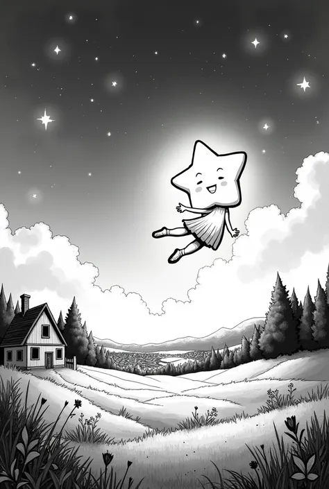 comic style black and white photo of  A small star called Luci fell from the sky. Luci, glowing with a soft and warm glow, landed softly in a field near a village.