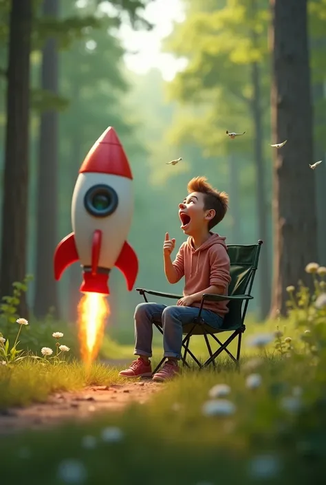 Excited adult sitting on a folding chair in the forest and a toy rocket with its nose above the ground is right in front of the person