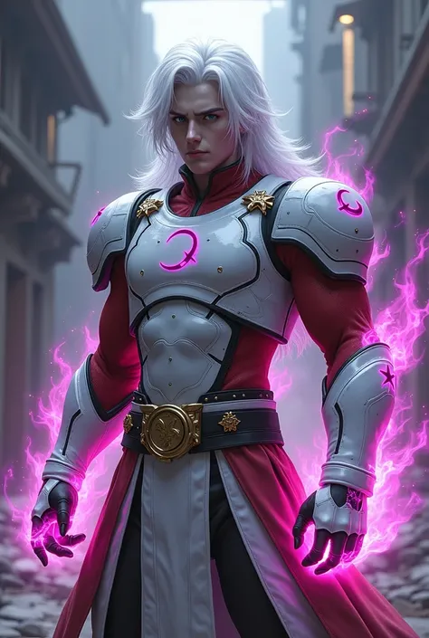 Male age 25, white skin, blue eyes, deep eyes, waist length hair, white hair, violet crecent moon on his forehead, white Plate armor, armor breastplate with a pair four-pointed red stars, a gold belt buckle with a letter R, red leotard, plate belt, plate w...