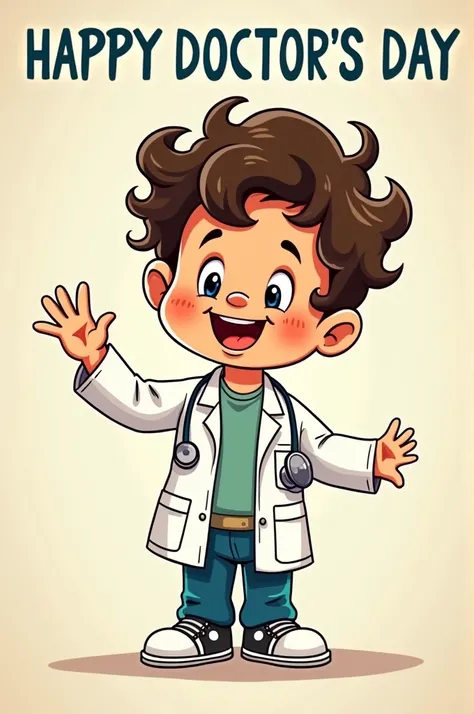 Create an image with Miguelito (from the Mafalda strips) doctor dress that says Happy Doctor&#39;s Day 