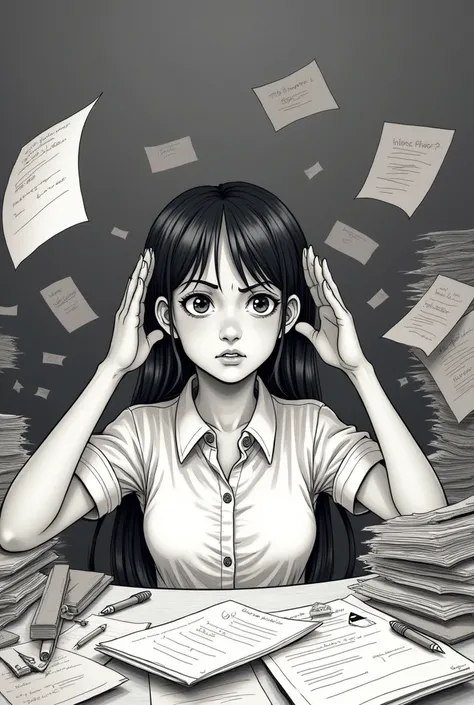 A girl surrounded by a jumble of tasks and papers, looking confused and stressed. (drawing)
