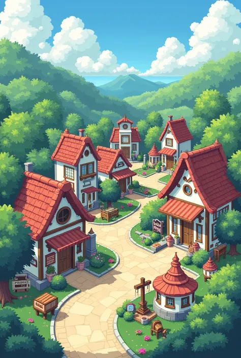 A fairly new and quiet town. Its a small and pretty place. modern times, videogame pixel art, gorgeous, highly detailed, kawaii cute comfy