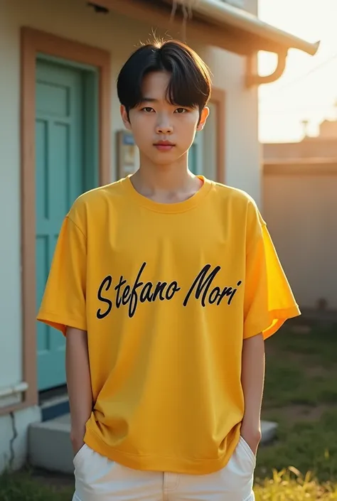 (A photo of a beautiful korean boy  with  low taper black hair . With his cute style gangster  outside of house with sun kissed and  he is wearing in a long yellow jersey with name "Stefano mori" and white  and white cargo pants outfit. The  The scene is f...