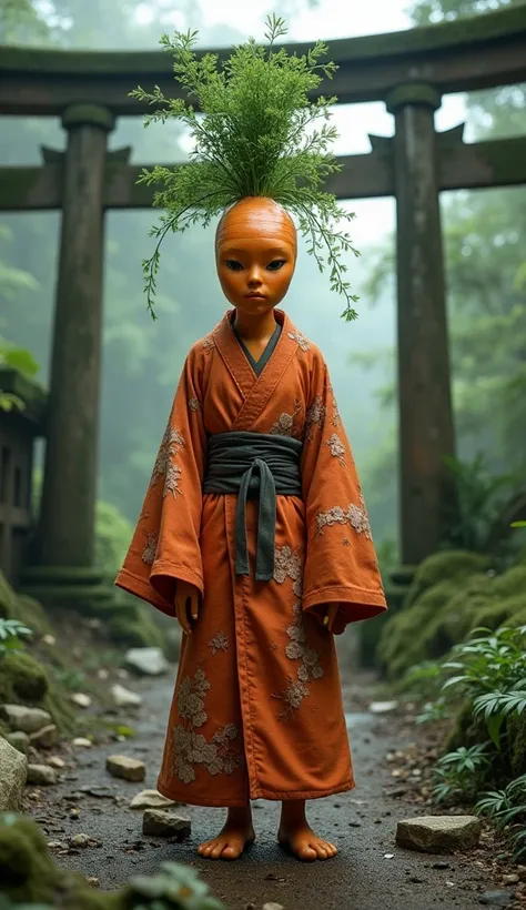 a supernatural humanoid carrot creature, standing in the ruins of a Shinto shrine with a torii gate, wearing traditional Japanese clothing, 4K 8K, hyperrealistic, masterpiece Spirited Away