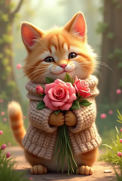 cat wearing a knitted cardigan and holding a bouquet of roses with her to baby’s 