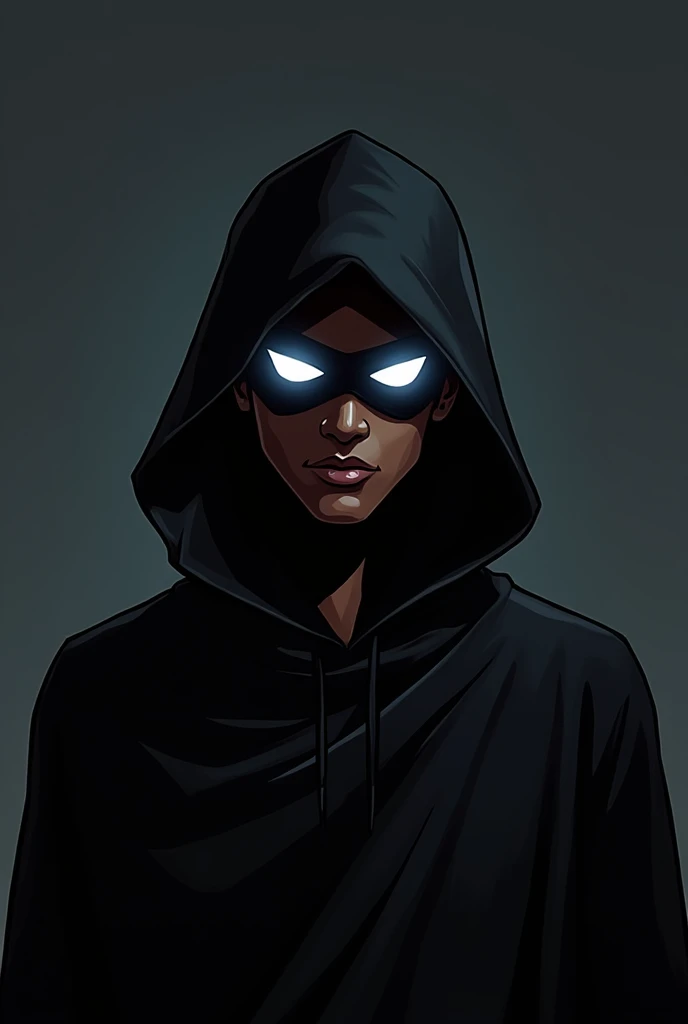 A  comic styled black american teenage boy,well built, wearing a black shadow cloak, with white glowing eyes 