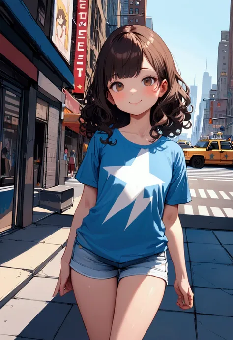 High Detail, Ultra Detail, Ultra High Resolution, (beautiful teenage girl, smile, solo (black hair, brown hair, wavy hair, medium Bob Hair) (round face and cheeks), beautiful brown eyes, ((light blue superhero t-shirt), white sneakers, jean shorts) (aftern...