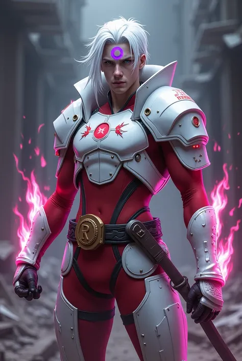 Male age 25, white skin, blue eyes, deep eyes, waist length hair, white hair, violet crecent moon on his forehead, white Plate armor, armor breastplate with a pair four-pointed red stars, a gold belt buckle with a letter R, red leotard, plate belt, plate w...