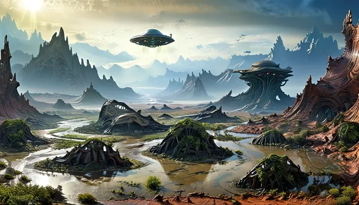 Alien Landscape, by Arik Brauer, (masterpiece, best quality, perfect composition, very aesthetic, absurdres, ultra-detailed, intricate details, Professional, official art, Representative work:1.3)