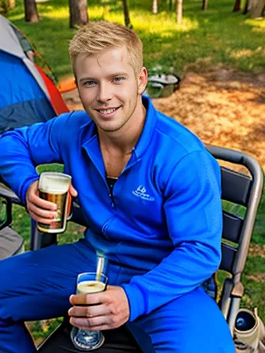 wide Shot,(best hands),best quality,(masterpiece:1.1576), (ultra detailed 8k art:1.05),2 
 male, (blond hair male and black hair male),From above,(drink metal mug, beer,sitting in camping chair,cobalt blue eyes), (focus face:0.8),angelic smile,steam,outdoo...