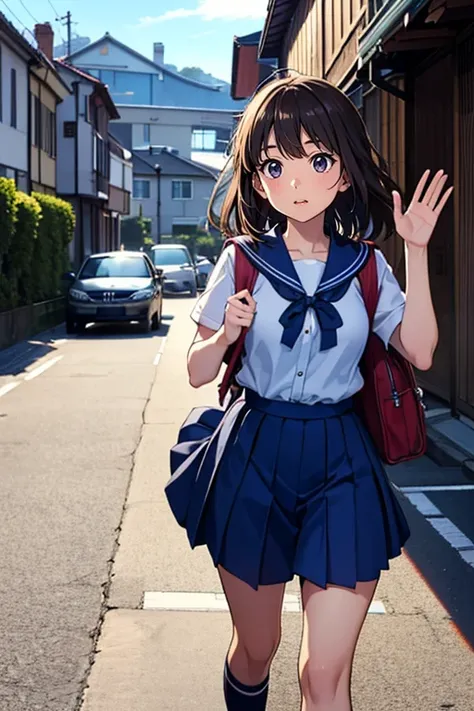 Best Quality, Super detailed, (Ultra-high resolution,8k), Ultra-high definition 4K, A cheerful Japanese high school girl in a classic blue sailor uniform is skipping down a sunny suburban street, her long brown hair flowing behind her as she carries a heav...