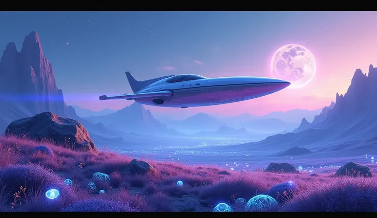 A spaceship descends gracefully towards the planet Lumina, where everything glows with a soft, radiant light. The landscape is bathed in hues of gentle blues, purples, and pinks, with bioluminescent plants and creatures creating a serene, magical atmospher...