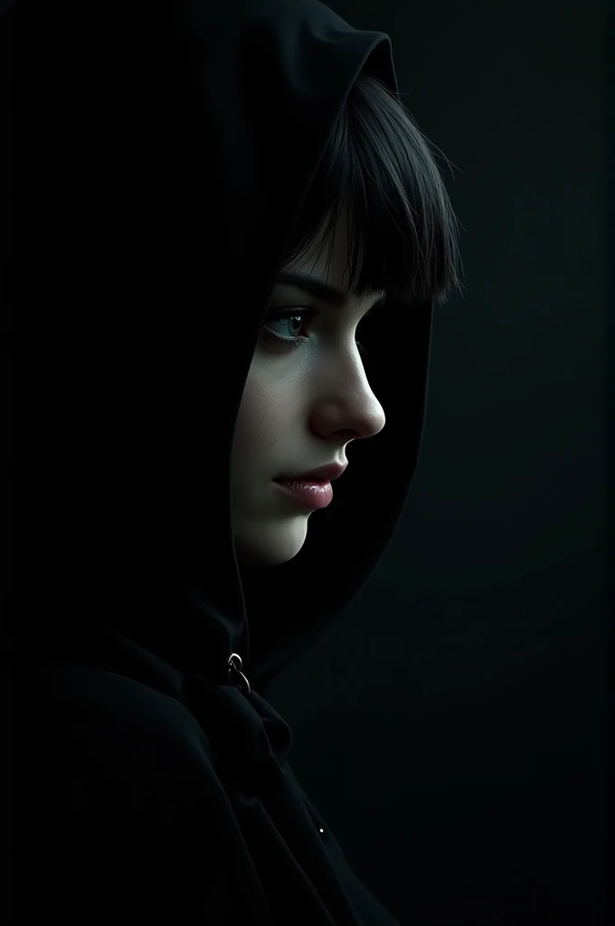 Create a photo in wallpaper format for PC, of the character shadow with half of the face, on a black background