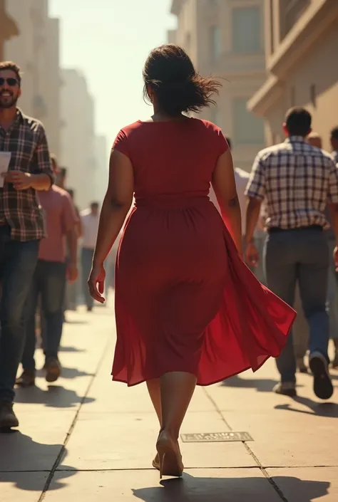 A beautiful, plump woman turns her back and walks to vote.