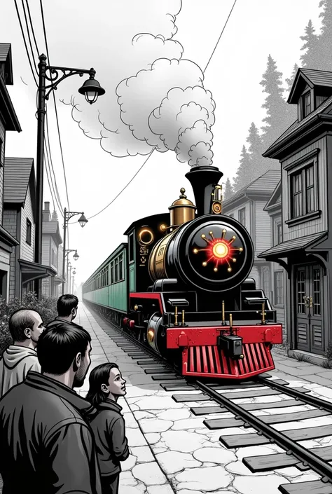 comic style black and white photo of A small town, a magical train appeared that no one had seen before. It was a brightly colored train, with cars that sparkled in the sun.