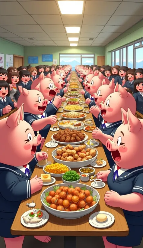 A high school cafeteria, the tables are sumptuous and full of food, the atmosphere is cheerful, the special thing is that the diners are fat pigs dressed in school uniforms.