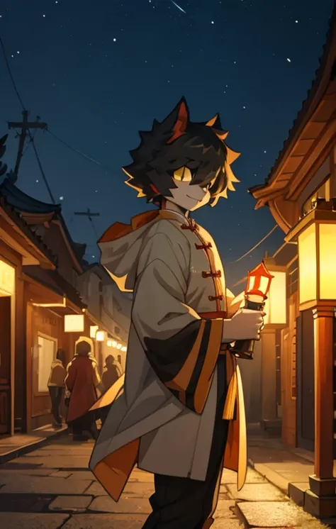 Aak，masterpiece，Ancient Chinese Street，Anime style，4k HD style，Looking at the audience，Aakhead，Holding a lantern，night