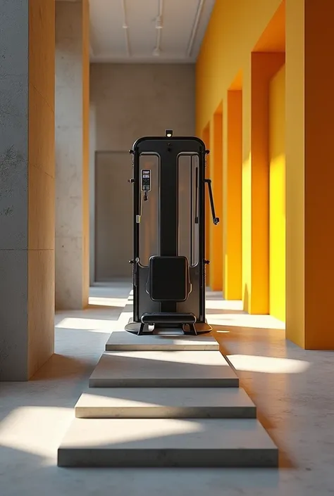 Gym workout machine, gym colour stone path grey colour and with turmeric yellow strips on wall 