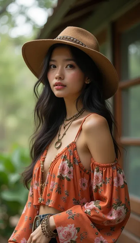 A sweet Asian girl, Editorial style photo, clothing style bohemian Inspired by a free-spirited lifestyle, featuring flowy fabrics, eclectic patterns, and vintage element, powerful expression, cinematic angle, sexy girl, perfect shape, high detailed, high r...