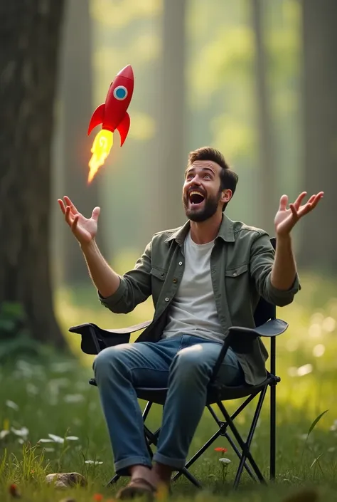 Adult surprised and smiling, with hands up, He is sitting on a folding chair in the forest, and a toy rocket just landed right in front of him