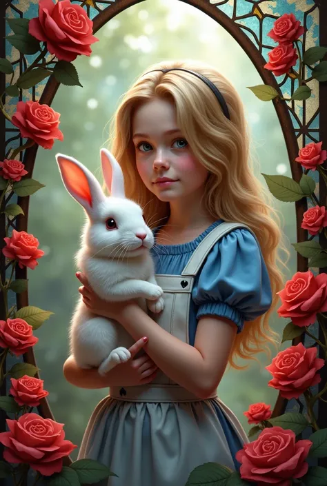 Alice holding a white rabbit　Stained glass playing cards and red and white roses in the background　Digital Art