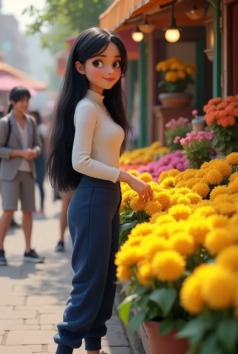 Woman in her 20’s. Very long straight black hair. wearing white turtleneck and dark blue corduroy sweatpants and sneakers.  Buying yellow flowers at flower stand. Pixar cartoon