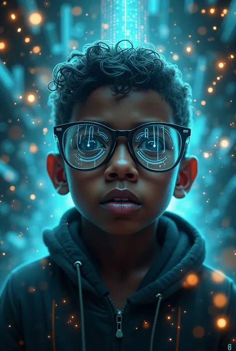 Dark-skinned boy with glasses is being attacked by technology to take over his mind