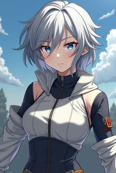 Wang Dong from Soul land anime.
Gender is female but act like male.
Wearing gray and white clothes and hair color also gray and white.
Eyes color are blue.