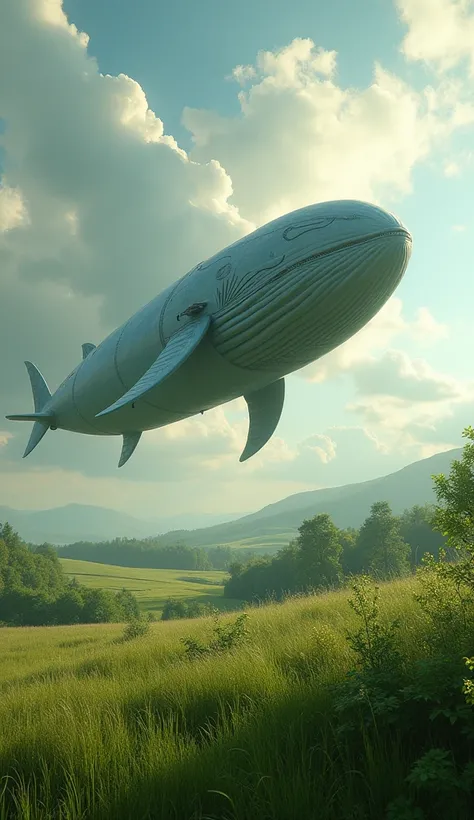 ((8k、distinct、masterpiece、Best Quality、Photorealistic、))、 Professional Lighting、Portrait Shot、Side view、The background is a grassland、Whale-shaped airship