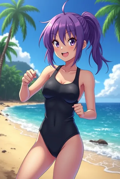 A purple haired girl trained wearing a black swimsuit on the beach(Anime style Boku no hero academia)