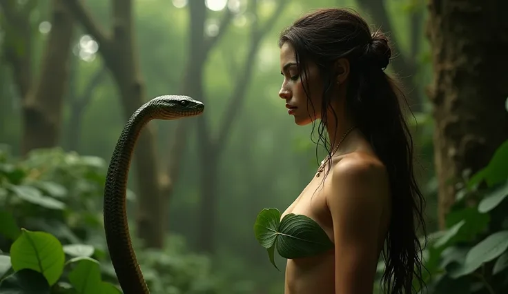 cinematic style, biblical figures,  The serpent approaching Eve, Eva covered her breasts only by two leaves.