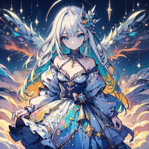 Absurd,anime,Detailed and beautiful eyes,(art),(artistic clothing:1.5),angel,gray hair,smile,(a girl:1.5),from the waist up,(small breasts:1.2),(small chest:1.2),mysterious,fallen Angel,Hello,(Large detailed hair ornament:1.2),(look away:1.5),detailed clot...