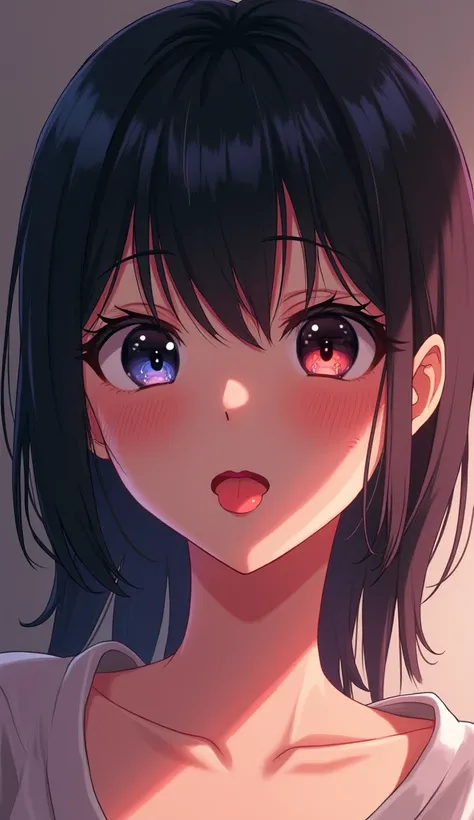 One person,solo, Blushing, Look at, Open your mouth, Black Hair, Sticking out tongue, Anatomically correct, bangs, Part of the picture goes outside the frame, chromatic aberration, Reflected Light, Illustration, Anime Style, Digital Art, Shortcuts, juvenil...