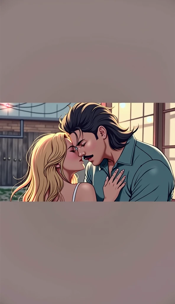 Man with mullet cut and mustache, about to kiss his short, beautiful blonde girlfriend with his eyes closed.