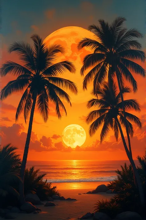 huge painting of the orange sky. With a sunset and three coconut trees. Behind the trees is a big moon