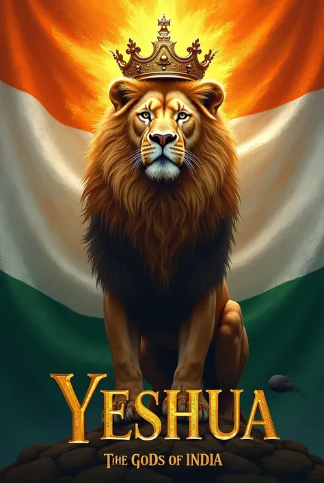 Create an image of the flag of India with the lion of the tribe of Judah with a golden crown on its head, with the words Yeshua and the gods of India prostrated