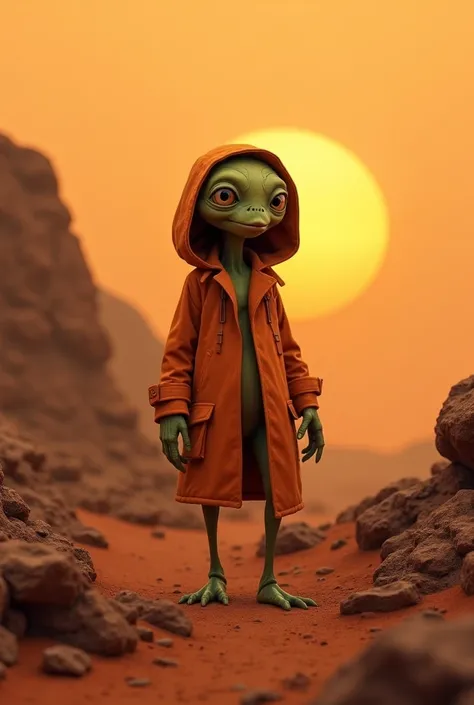 An olive green alien on mars with two eyes, wearing orange lab coat. He is standing on mars land with dust and rocks around him and a sunset visible