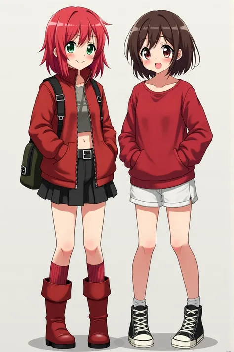 Create two girls, one with red hair and a little long with green eyes, a smile and a hunter outfit like kimetsu no yaiba and red boots with light red leg warmers and the other girl with dark brown hair, dark brown eyes and a red sweatshirt with white short...