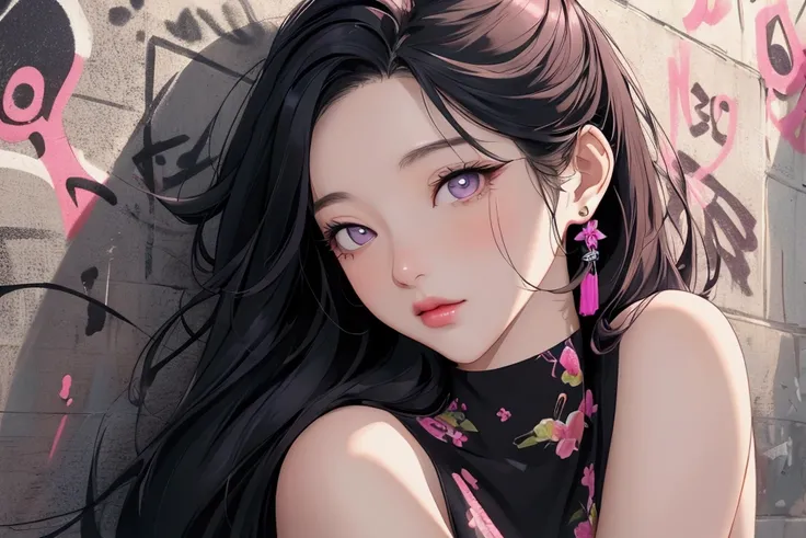 a woman in korean, style s80, with shiny hair, with model poses, with stylish model clothes, listening to old music and enjoying and feeling satisfaction, lofi hip hop, blurring the background, alone, beautiful and detailed eyes, on a brick wall with peeli...