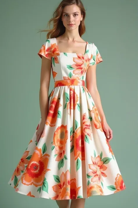 White casual wedding dress, knee-length with yellow flower print, orange, red and light green.