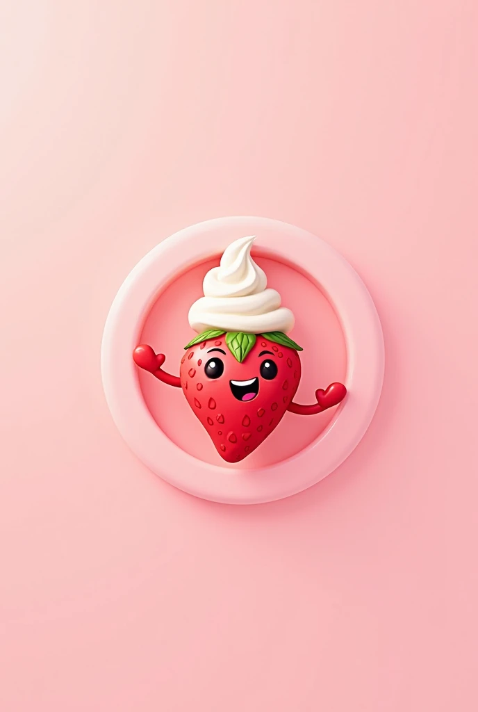 Logo with a pink background and a circle and inside a happy animated strawberry and cream 