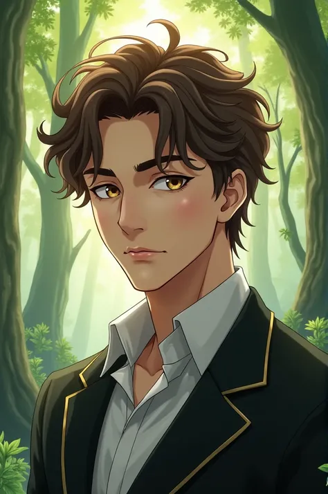 Draw an attractive white-skinned boy in anime style, with wavy brown hair and golden hazel eyes with a little , She has nice and elegant clothes , It has to be extremely masculine and handsome and the background has to be the forest 