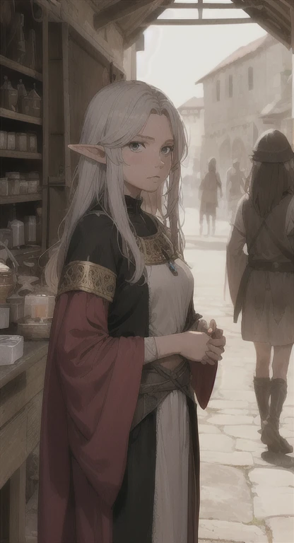 Ancient Elf, peasant woman, dirty hair, looking at viewer, judgemental glare, long messy hair, ancient kingdom, medieval market,