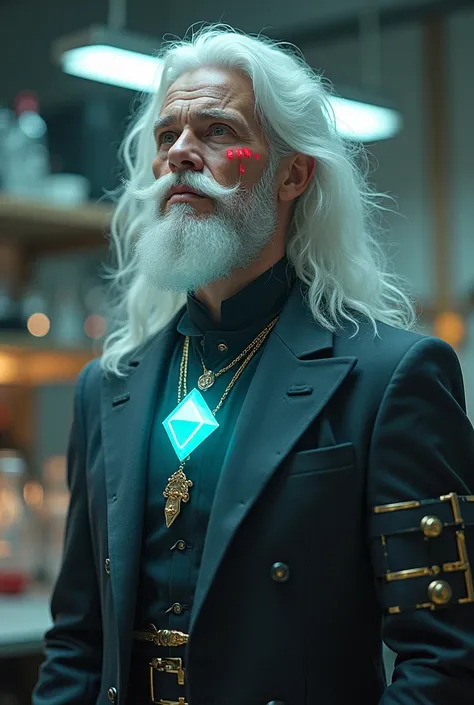 (photorealism:1.2), majestic, young, ethereal man, standing in laboratory, wearing black and white suit, turquoise rhombus diamond necklace, white mustache and beard, long white hair, illuminated sapphire blue left eye, illuminated crimson red right eye, m...