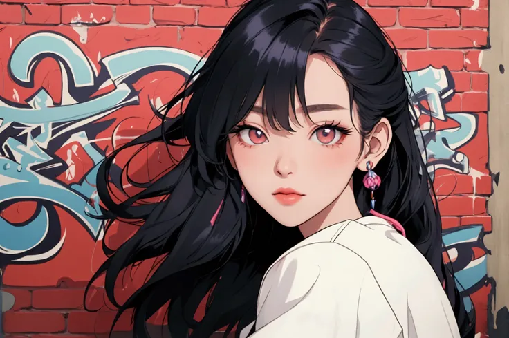 a woman in korean, style s80, with shiny hair, with model poses, with stylish model clothes, listening to old music and enjoying and feeling satisfaction, lofi hip hop, blurring the background, alone, beautiful and detailed eyes, on a brick wall with peeli...