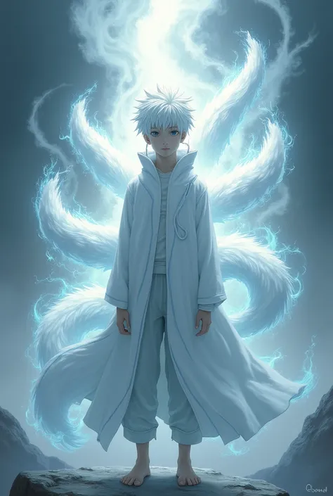 I want the character Naruto Uzumaki with white hair and several white fox tails, he needs to be releasing aura of rays