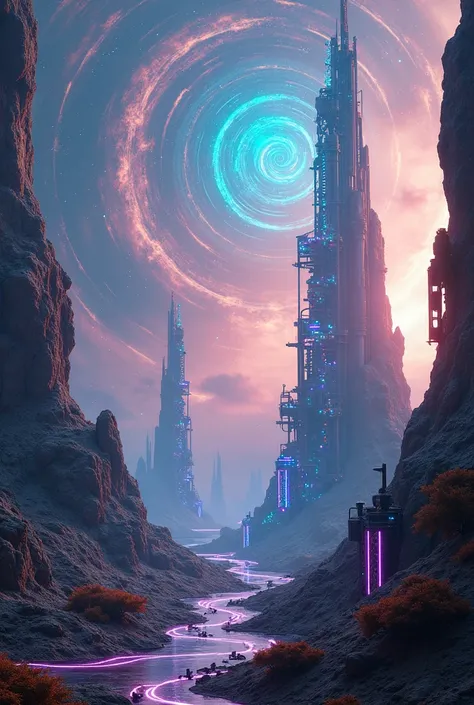 Somewhere realistic in the galaxy with beautiful colors and mechanical effects of energy and current, a world from another planet without characters., Image quality 
